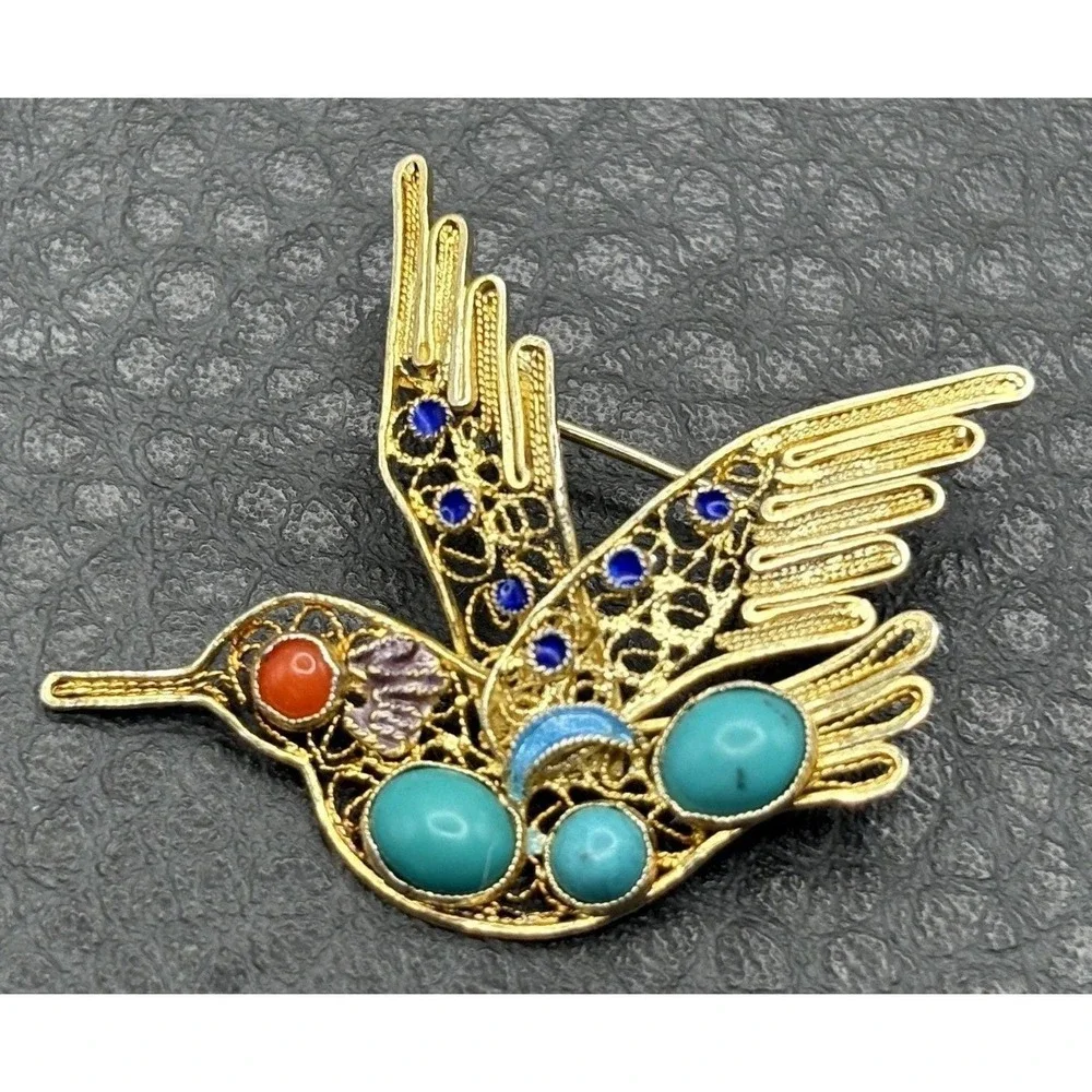 VTG Hummingbird Brooch Vermeil 925 Sterling Silver Turquoise Coral Blue Enamel